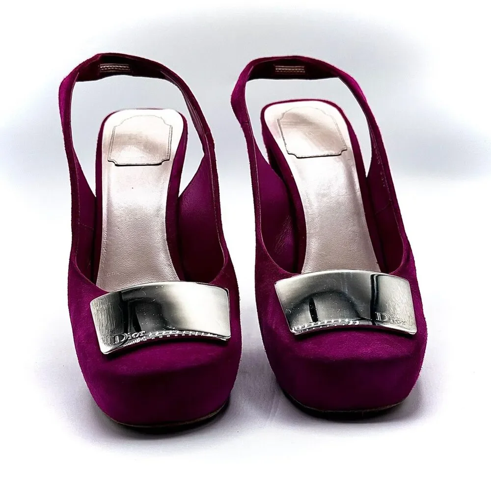 Vintage Christian Dior Suede Magenta Slingback Platform Heels Size 39.5 - Picture 8 of 8